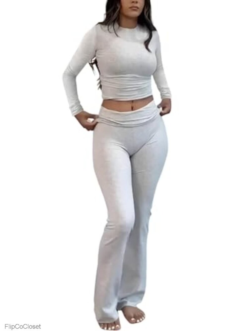 Two Piece Workout Set Long Sleeve Top Flare Leggings Tracksuit
